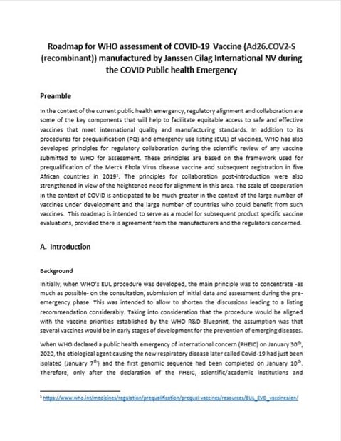 Roadmap for Evaluation of Janssen Ad26.COV2-S (recombinant) vaccine against COVID-19