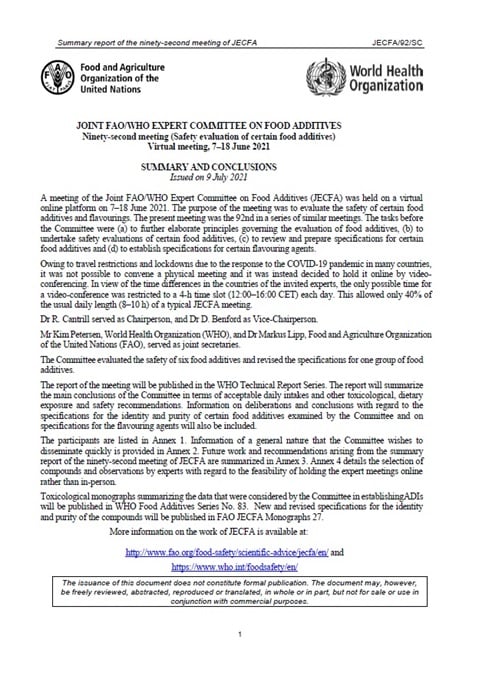 Ninety-second meeting - Joint FAO/WHO Expert Committee on Food Additives (JECFA)