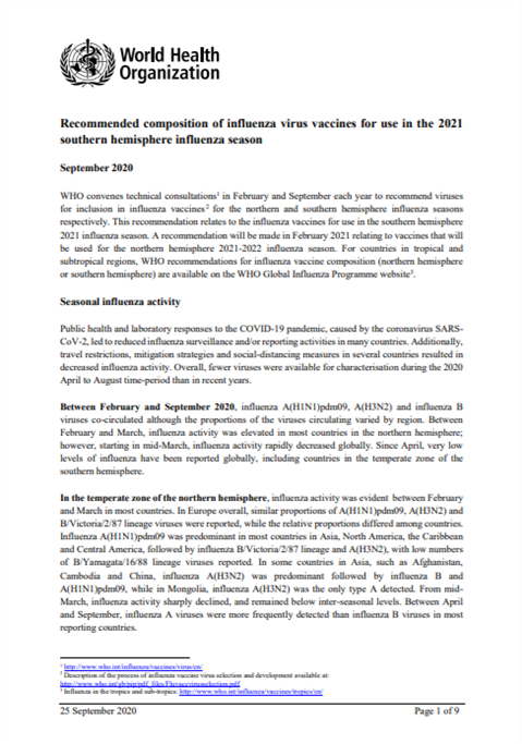 Recommended composition of influenza virus vaccines for use in the 2018-2019 northern hemisphere influenza season